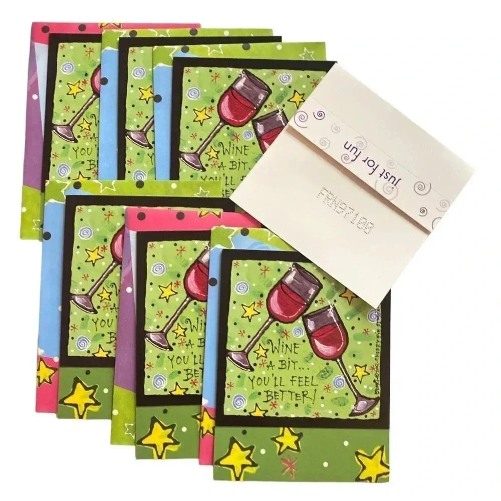 JUST FOR FUN Vintage 6/pk Note Cards Leanin'‎ Tree Lori Wiseman Wine Glasses NOS
